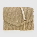 Χρυσή ψάθινη τσάντα ώμου με αλυσίδα και καπάκι