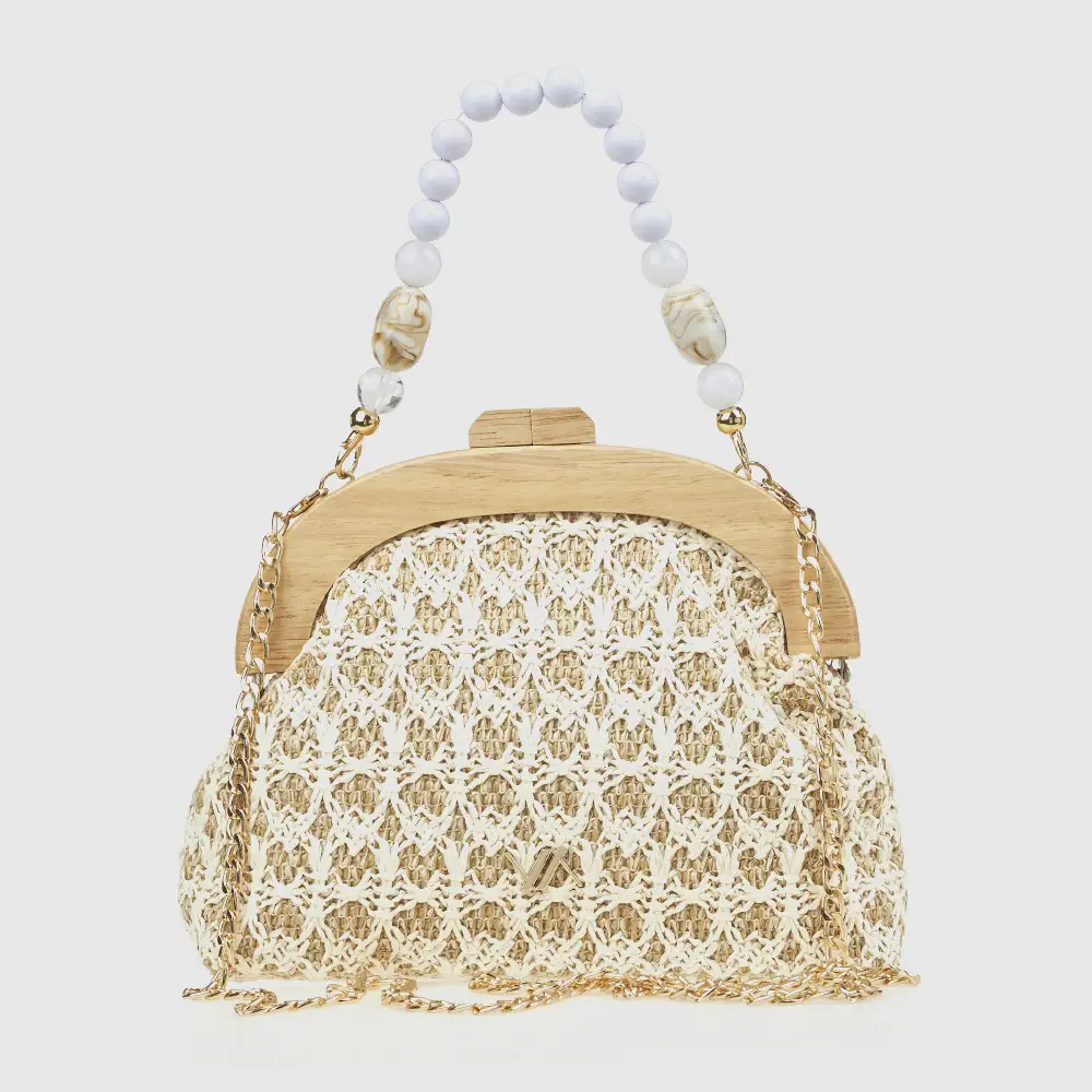 Εκρού ψάθινο τσαντάκι αμπιγιέ Verde με ξύλινο κούμπωμα