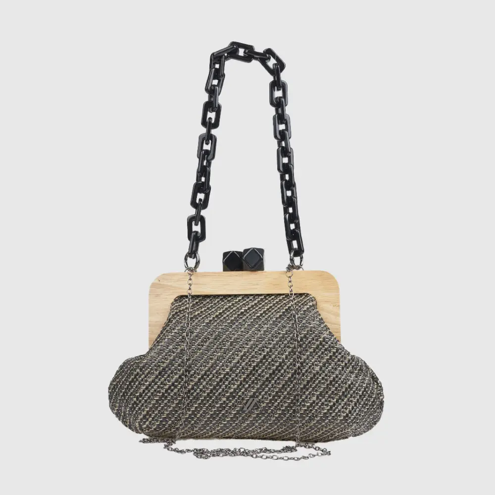 Ψάθινη γυναικεία τσάντα χειρός ώμου με ξύλινο πλαίσιο σε μαύρους τόνους