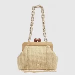 Γυναικείο τσαντάκι αμπιγιέ Verde από ψάθα εκρού με αλυσίδα ρητίνης και χρυσή αλυσίδα ώμου
