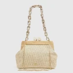 Γυναικείο τσαντάκι αμπιγιέ Verde 01-0002052 εκρού ψάθα με αλυσίδα ρητίνης και χρυσή αλυσίδα ώμου μπροστινή όψη