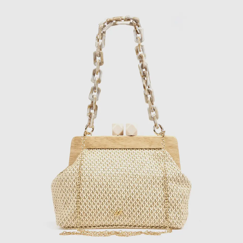 Γυναικείο τσαντάκι αμπιγιέ Verde 01-0002052 εκρού ψάθα με αλυσίδα ρητίνης και χρυσή αλυσίδα ώμου μπροστινή όψη