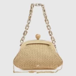 Γυναικείο τσαντάκι αμπιγιέ Verde 01-0002055 μπεζ ψάθα με αλυσίδα ρητίνης και χρυσό μεταλλικό frame μπροστινή όψη