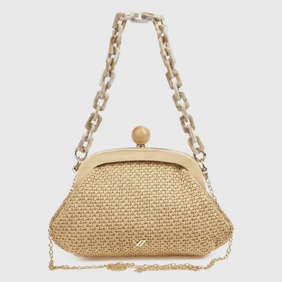 Γυναικείο τσαντάκι αμπιγιέ Verde 01-0002055 μπεζ ψάθα με αλυσίδα ρητίνης και χρυσό μεταλλικό frame μπροστινή όψη