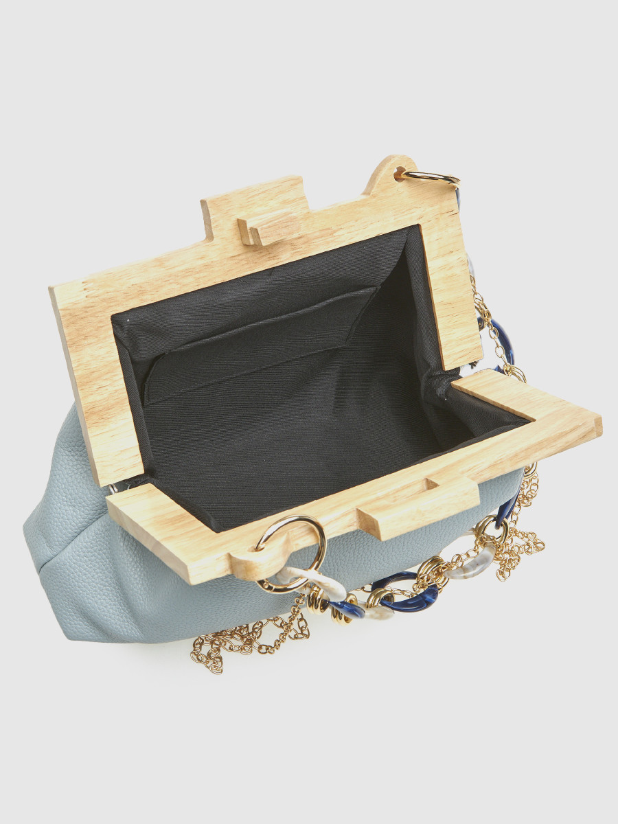 Μπλε γυναικείο τσαντάκι αμπιγιέ Verde με ξύλινο πλαίσιο και αλυσίδα