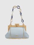 Μπλε γυναικείο τσαντάκι αμπιγιέ Verde με ξύλινο πλαίσιο και αλυσίδα
