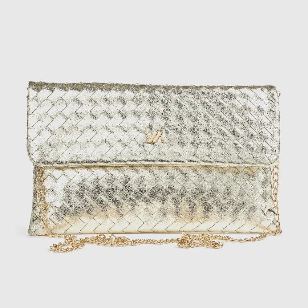 Γυναικείο τσαντάκι αμπιγιέ Verde 01-0002078 χρυσό με πλεκτό μεταλλικό σχέδιο — μπροστινή όψη