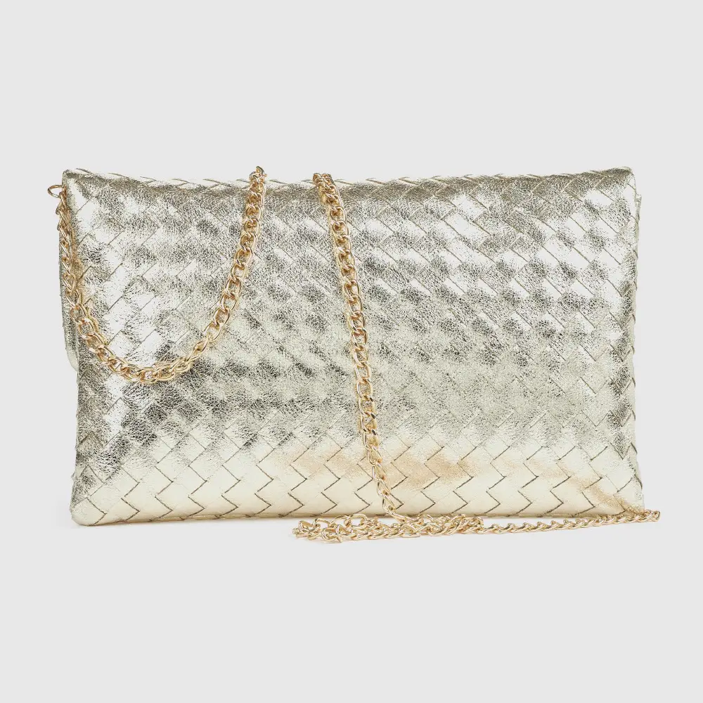 Γυναικείο χρυσό clutch Verde 01-0002078 — πίσω όψη με αποσπώμενη χρυσή αλυσίδα