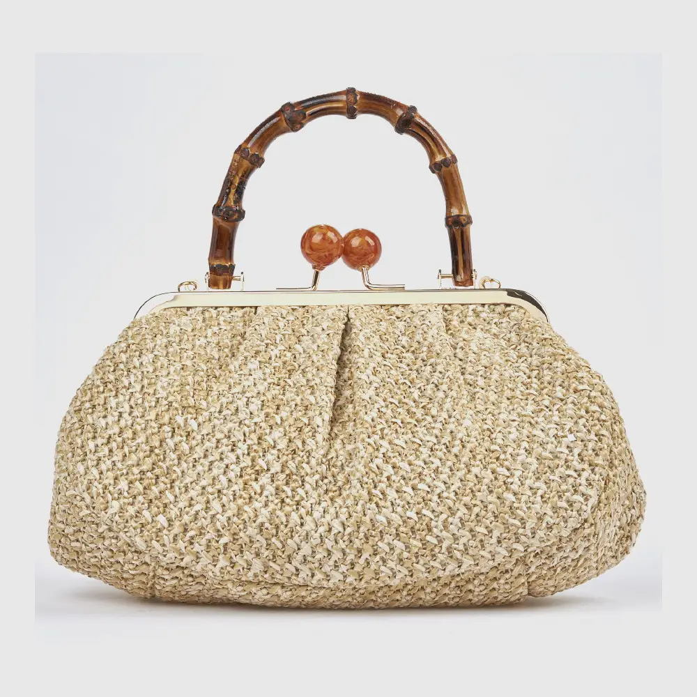 Γυναικείο τσαντάκι αμπιγιέ Verde 01-0002085 μπεζ με πλεκτή υφή και λαβή μπαμπού — μπροστινή όψη