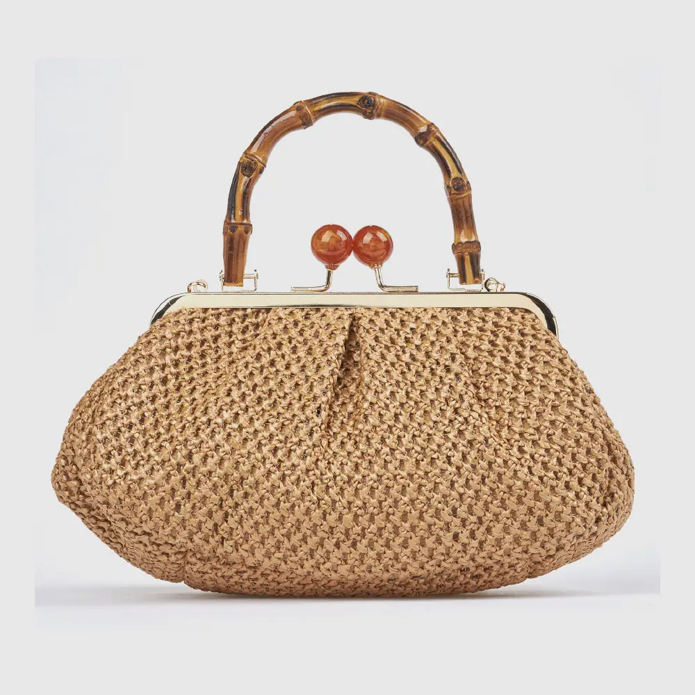 Γυναικείο τσαντάκι αμπιγιέ Verde 01-0002085 καμηλό με πλεκτή υφή και λαβή μπαμπού — μπροστινή όψη