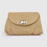 Γυναικείο τσαντάκι αμπιγιέ Verde 01-0002086 μπεζ με πλεκτή υφή και χρυσό turn-lock κούμπωμα — μπροστινή όψη