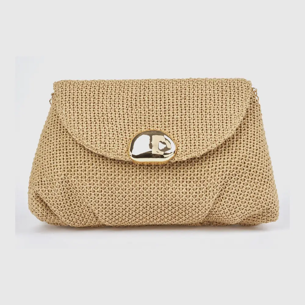 Γυναικείο τσαντάκι αμπιγιέ Verde 01-0002086 μπεζ με πλεκτή υφή και χρυσό turn-lock κούμπωμα — μπροστινή όψη