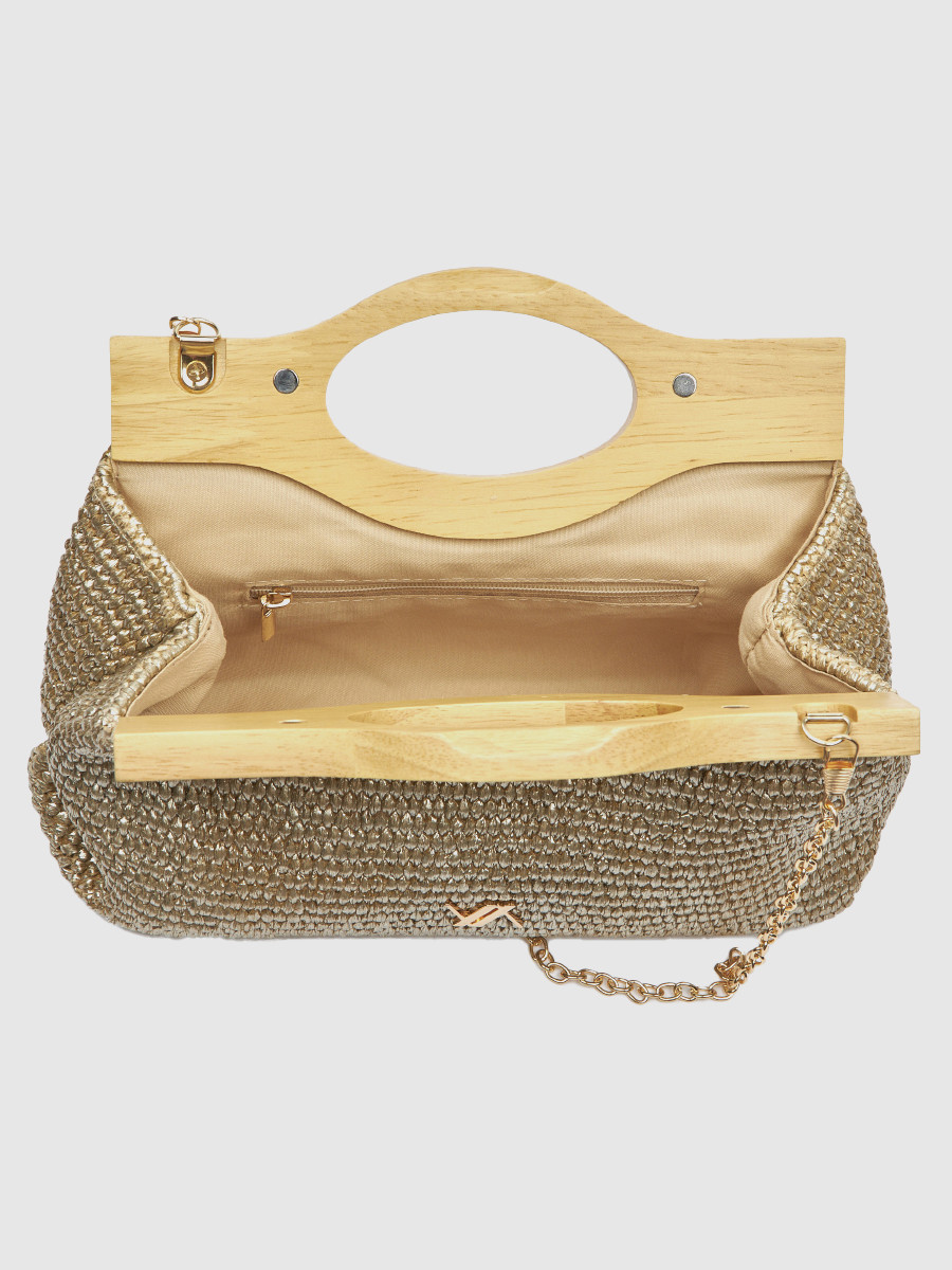 Γυναικείο τσαντάκι αμπιγιέ Verde χρυσό με ξύλινη λαβή