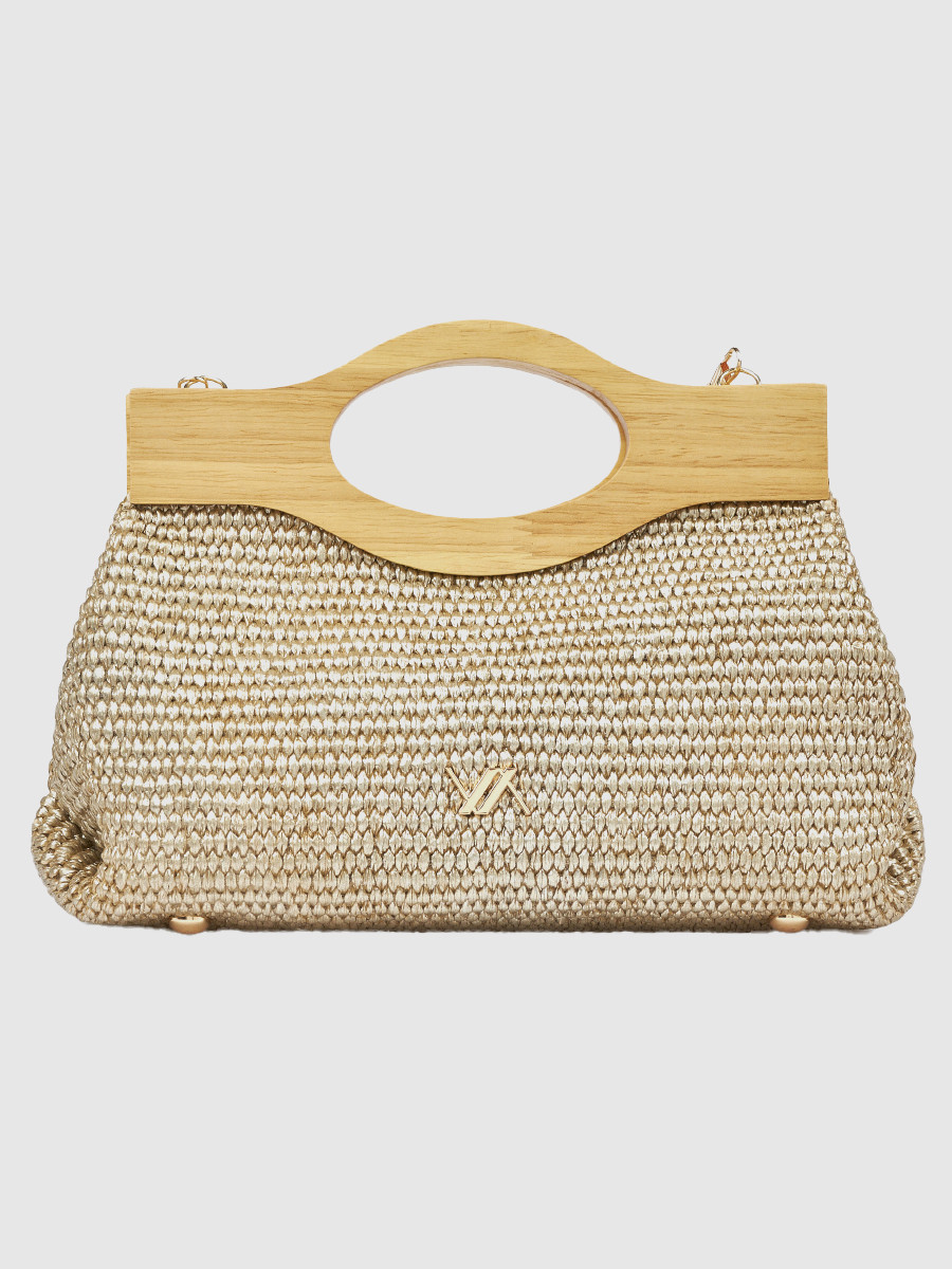 Γυναικείο τσαντάκι αμπιγιέ Verde χρυσό με ξύλινη λαβή