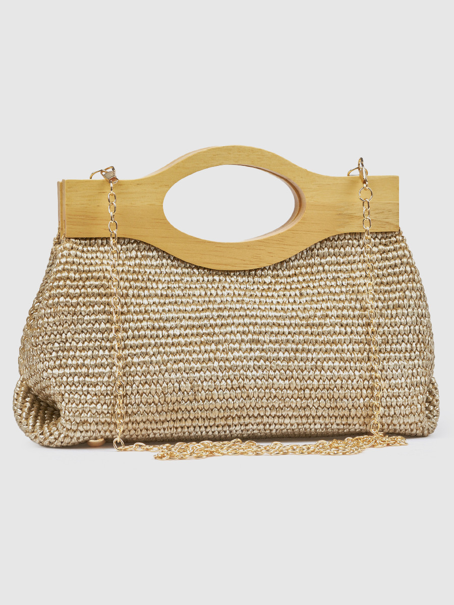 Γυναικείο τσαντάκι αμπιγιέ Verde χρυσό με ξύλινη λαβή