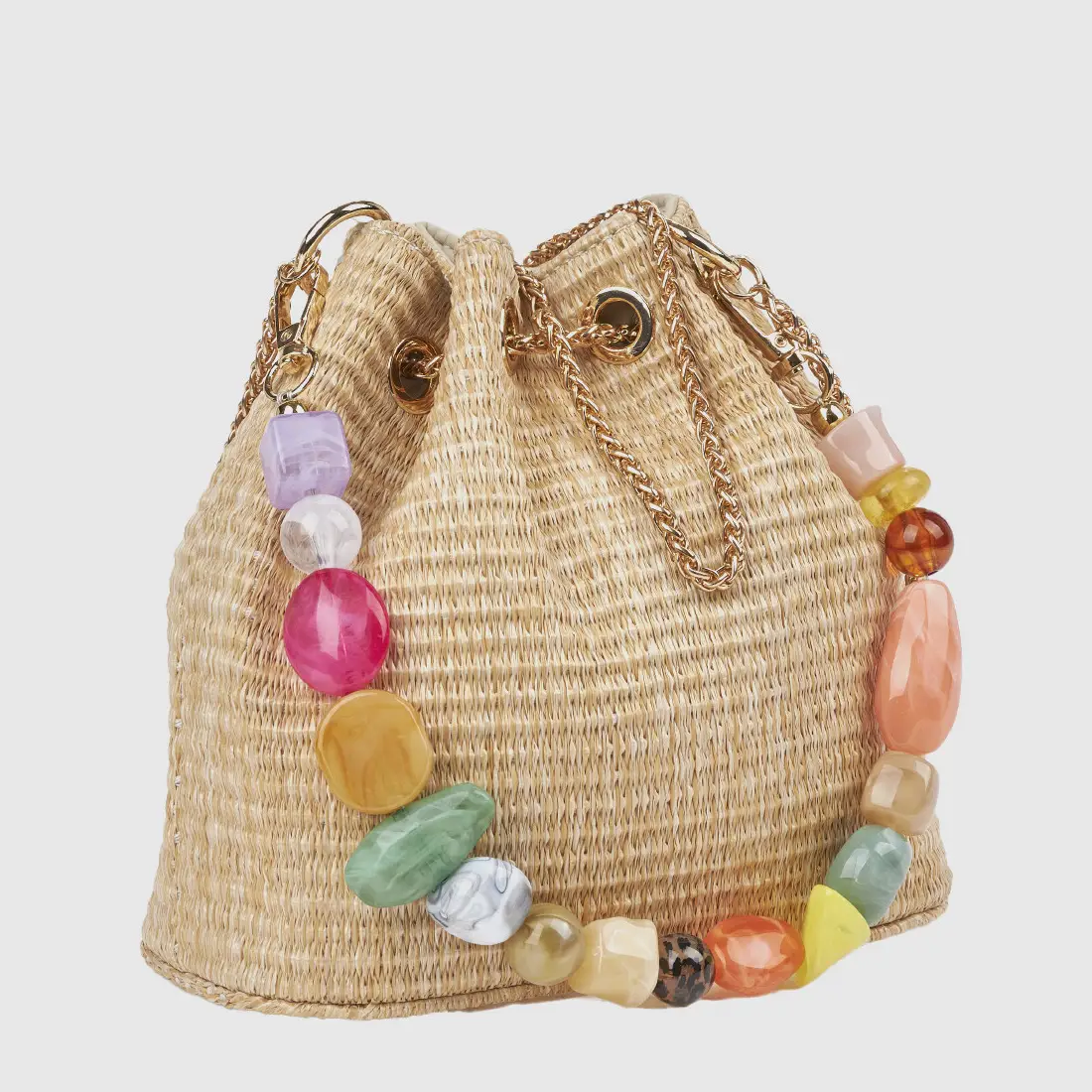 Μπεζ γυναικείο βραδινό τσαντάκι πουγκί Verde με πολύχρωμες χάντρες