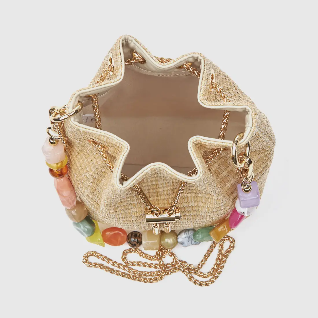 Μπεζ γυναικείο βραδινό τσαντάκι πουγκί Verde με πολύχρωμες χάντρες