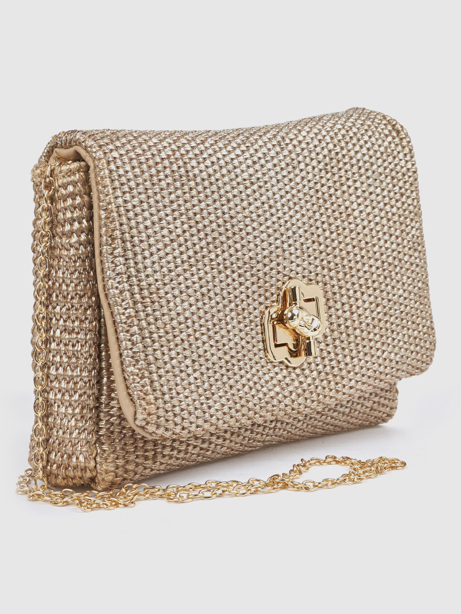 Χρυσό γυναικείο τσαντάκι αμπιγιέ Verde με πλεκτή υφή και αλυσίδα