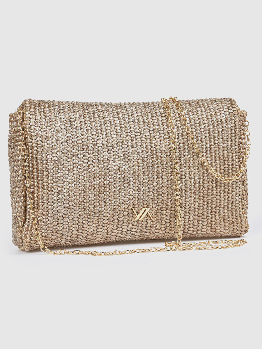 Χρυσό γυναικείο τσαντάκι αμπιγιέ Verde με πλεκτή υφή και αλυσίδα