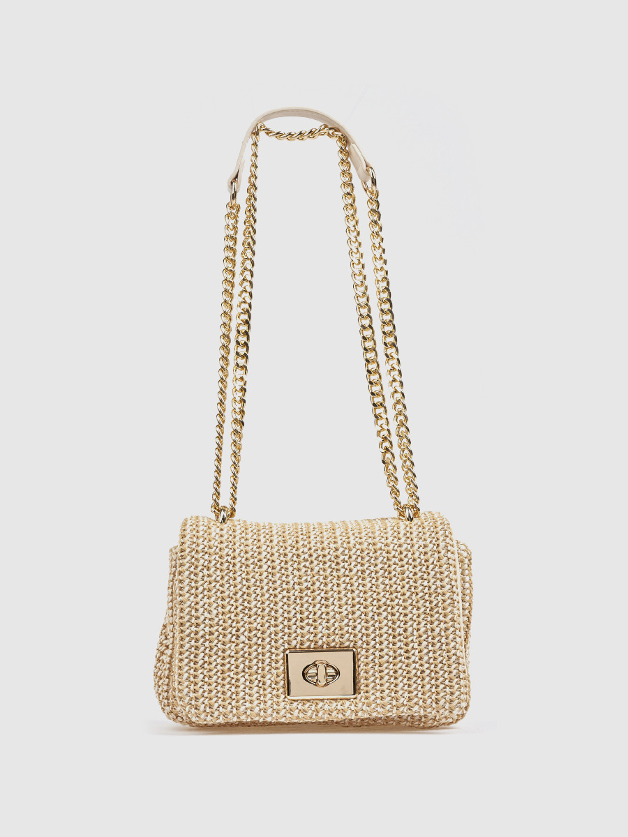 Εκρού γυναικείο τσαντάκι αμπιγιέ Verde με πλεκτή υφή και χρυσή αλυσίδα