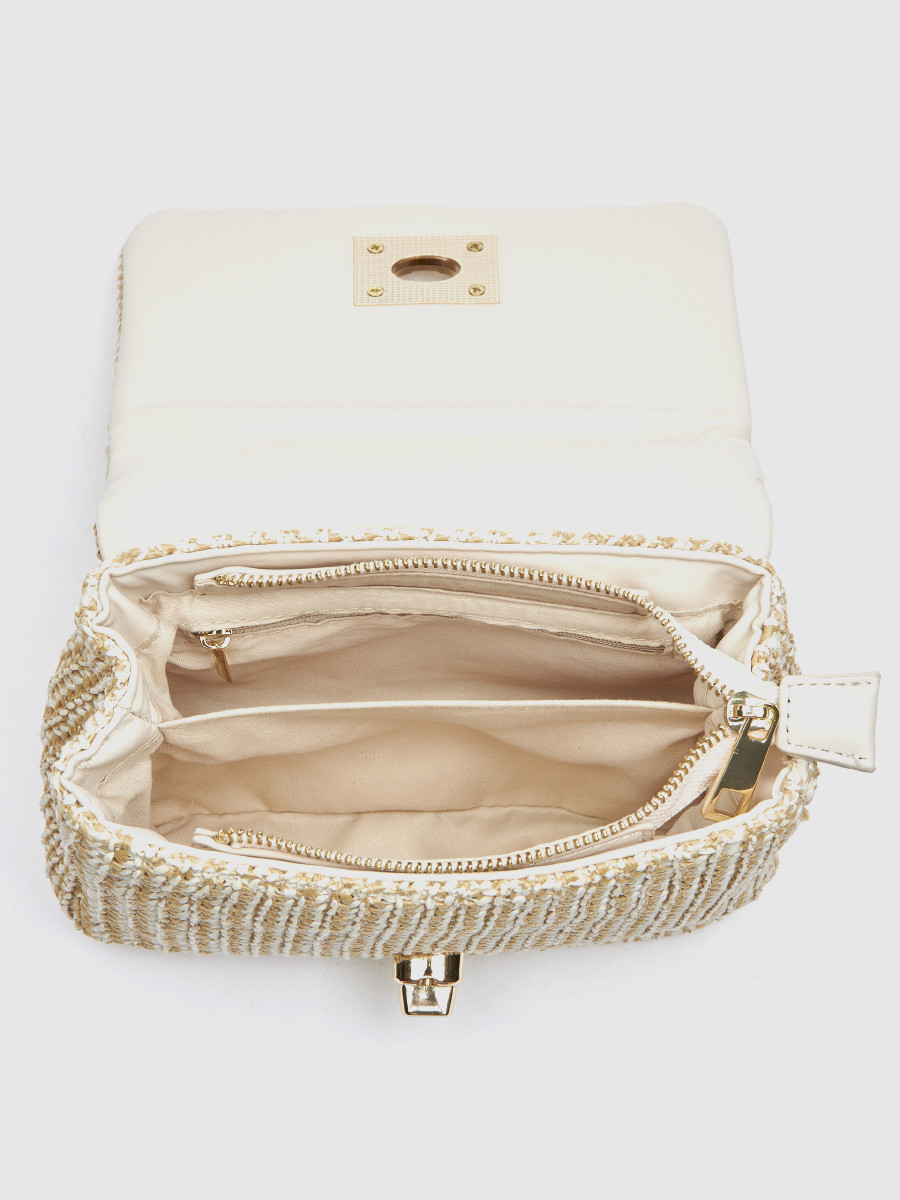 Εκρού γυναικείο τσαντάκι αμπιγιέ Verde με πλεκτή υφή και χρυσή αλυσίδα