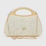 Εκρού γυναικείο βραδινό τσαντάκι Verde με πλεκτή υφή και χρυσή αλυσίδα