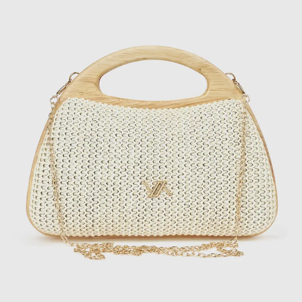 Εκρού γυναικείο βραδινό τσαντάκι Verde με πλεκτή υφή και χρυσή αλυσίδα