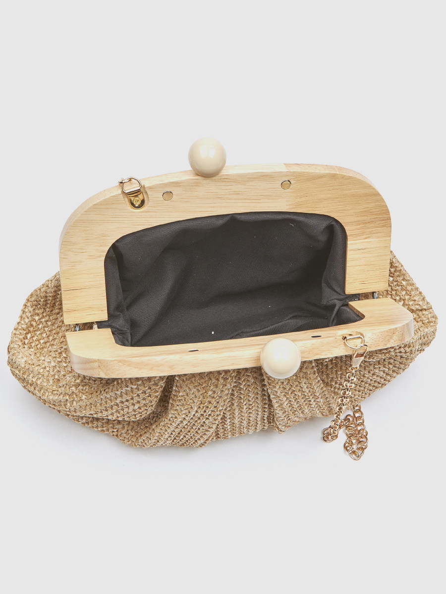 Γυναικείο τσαντάκι αμπιγιέ Verde μπεζ με ψάθα και ξύλο