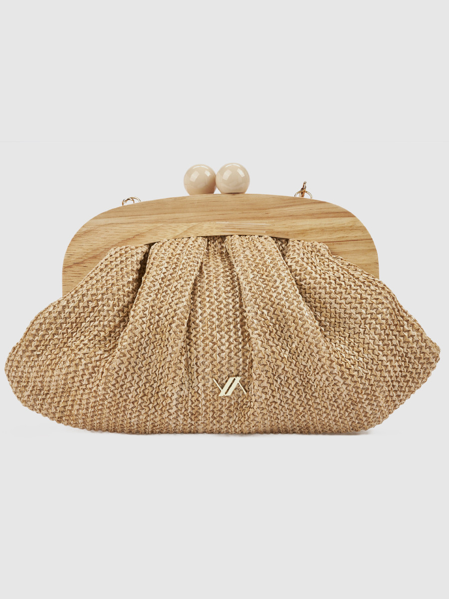 Γυναικείο τσαντάκι αμπιγιέ Verde μπεζ με ψάθα και ξύλο