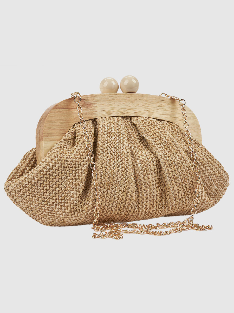 Γυναικείο τσαντάκι αμπιγιέ Verde μπεζ με ψάθα και ξύλο