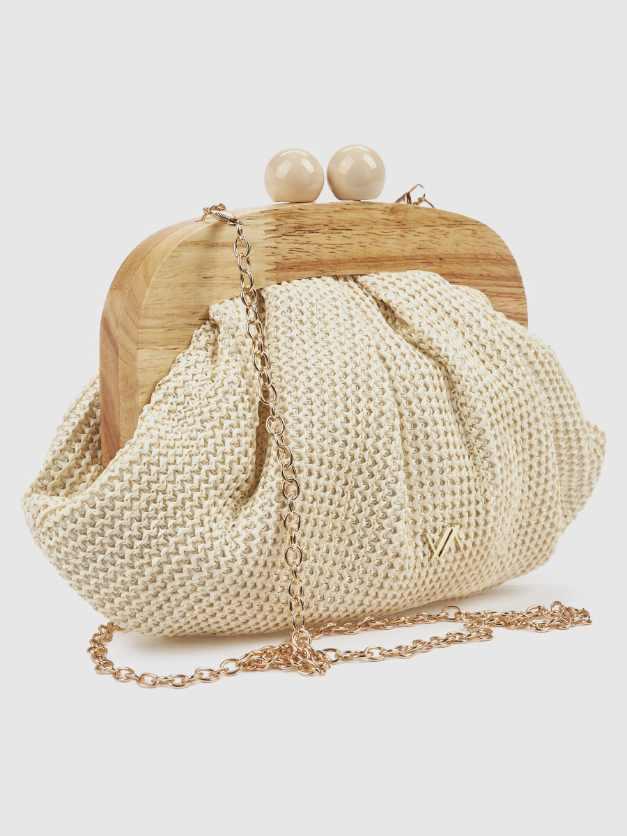 Γυναικείο τσαντάκι αμπιγιέ Verde εκρού με ψάθα και ξύλινο πλαίσιο