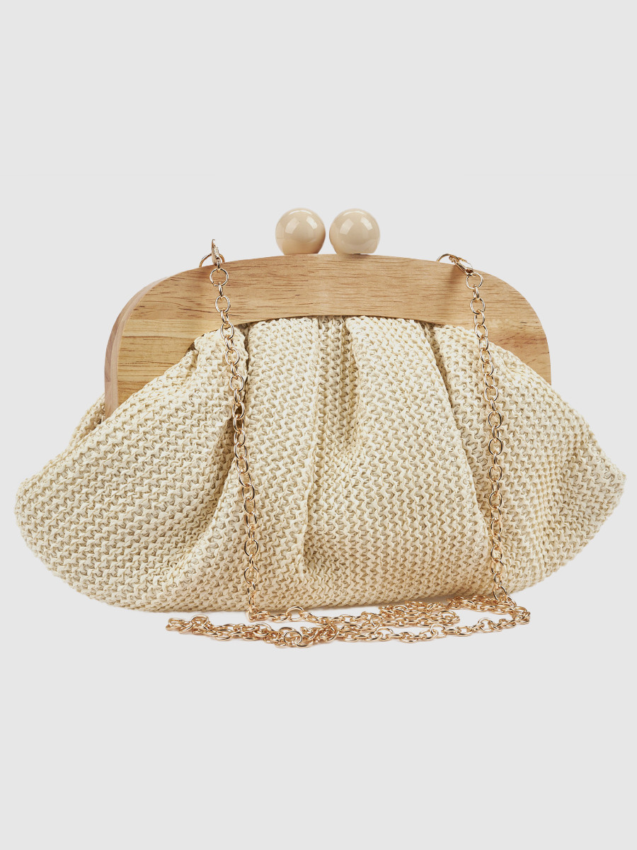 Γυναικείο τσαντάκι αμπιγιέ Verde εκρού με ψάθα και ξύλινο πλαίσιο