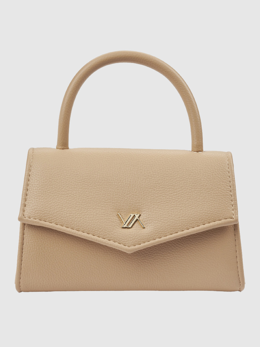 Γυναικείο τσαντάκι αμπιγιέ Verde 01-0002136 μπεζ — μπροστινή όψη με envelope καπάκι, χρυσό λογότυπο Verde και κυλινδρική top handle