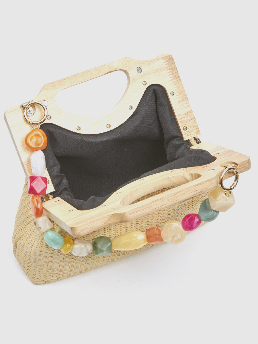 Γυναικείο τσαντάκι αμπιγιέ Verde μπεζ με ψάθα και ξύλινη λαβή