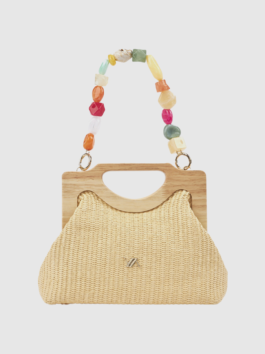 Γυναικείο τσαντάκι αμπιγιέ Verde μπεζ με ψάθα και ξύλινη λαβή