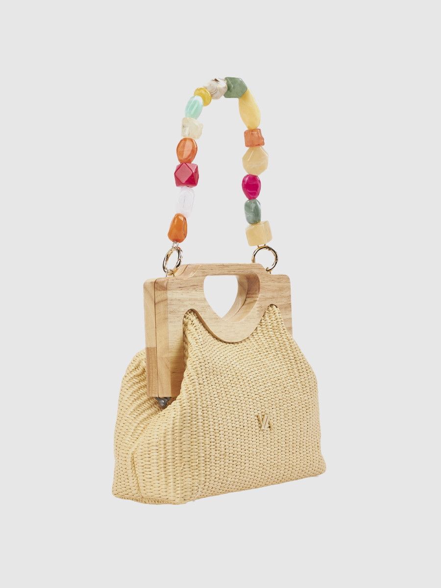 Γυναικείο τσαντάκι αμπιγιέ Verde μπεζ με ψάθα και ξύλινη λαβή