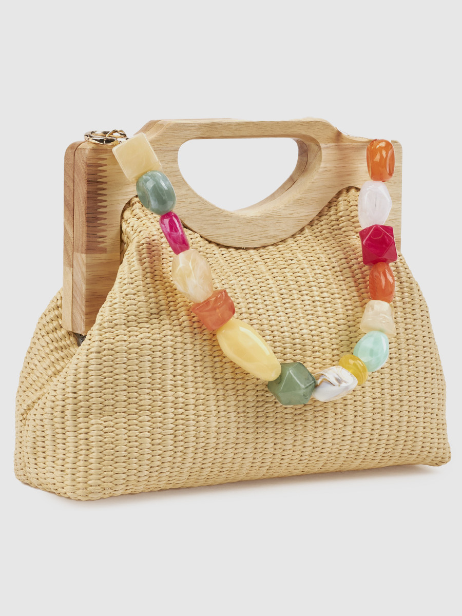 Γυναικείο τσαντάκι αμπιγιέ Verde μπεζ με ψάθα και ξύλινη λαβή