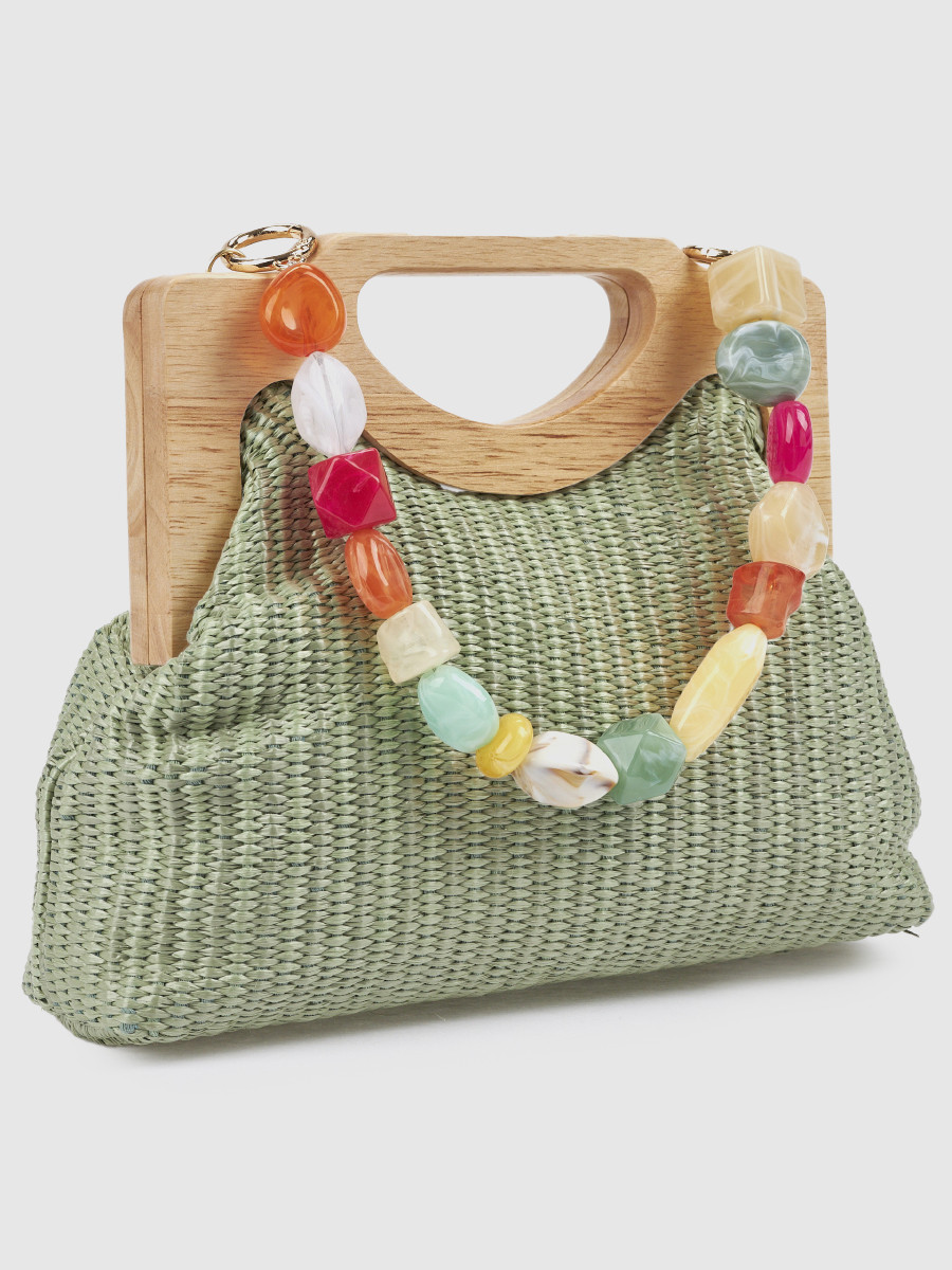 Γυναικείο τσαντάκι αμπιγιέ Verde χακί με ψάθα και ξύλινη λαβή