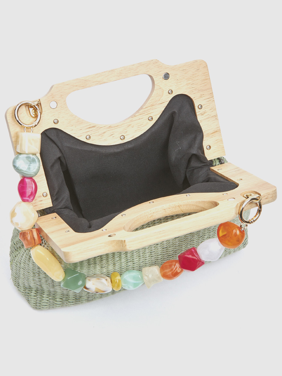 Γυναικείο τσαντάκι αμπιγιέ Verde χακί με ψάθα και ξύλινη λαβή