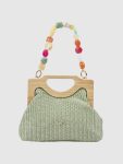 Γυναικείο τσαντάκι αμπιγιέ Verde χακί με ψάθα και ξύλινη λαβή