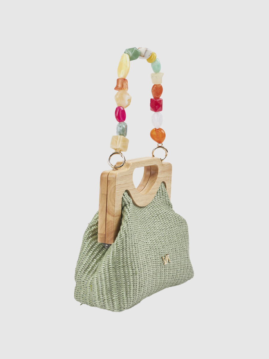 Γυναικείο τσαντάκι αμπιγιέ Verde χακί με ψάθα και ξύλινη λαβή