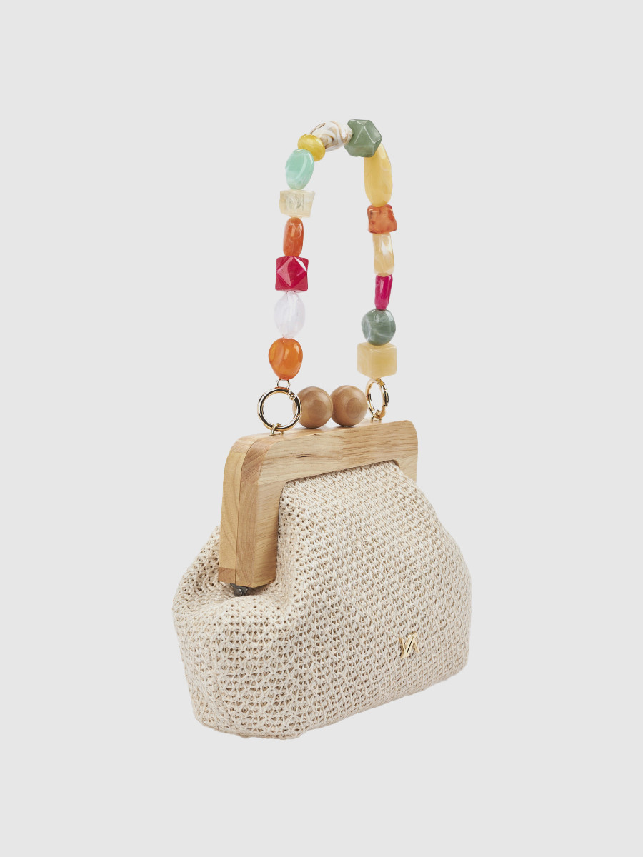 Γυναικείο τσαντάκι αμπιγιέ Verde εκρού με ψάθα και ξύλινη λαβή