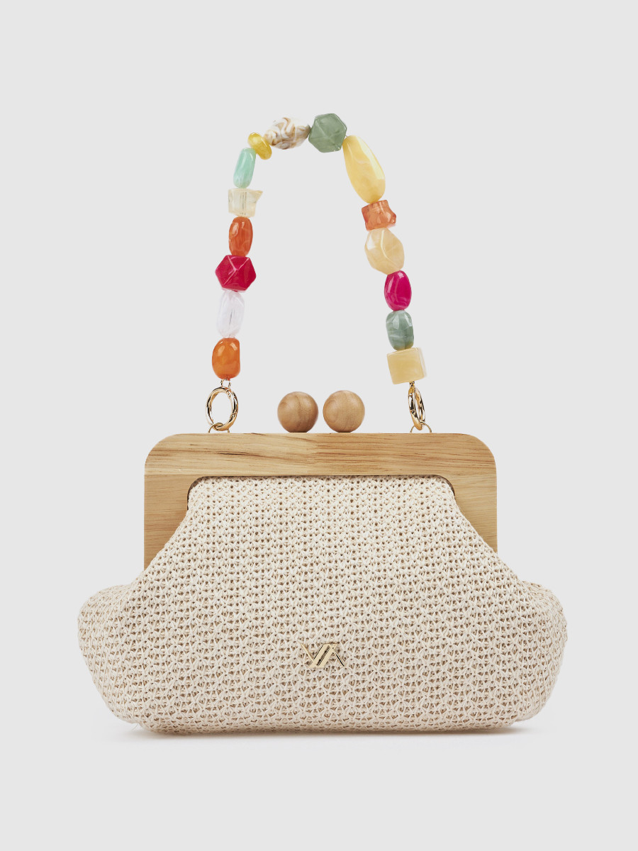 Γυναικείο τσαντάκι αμπιγιέ Verde εκρού με ψάθα και ξύλινη λαβή