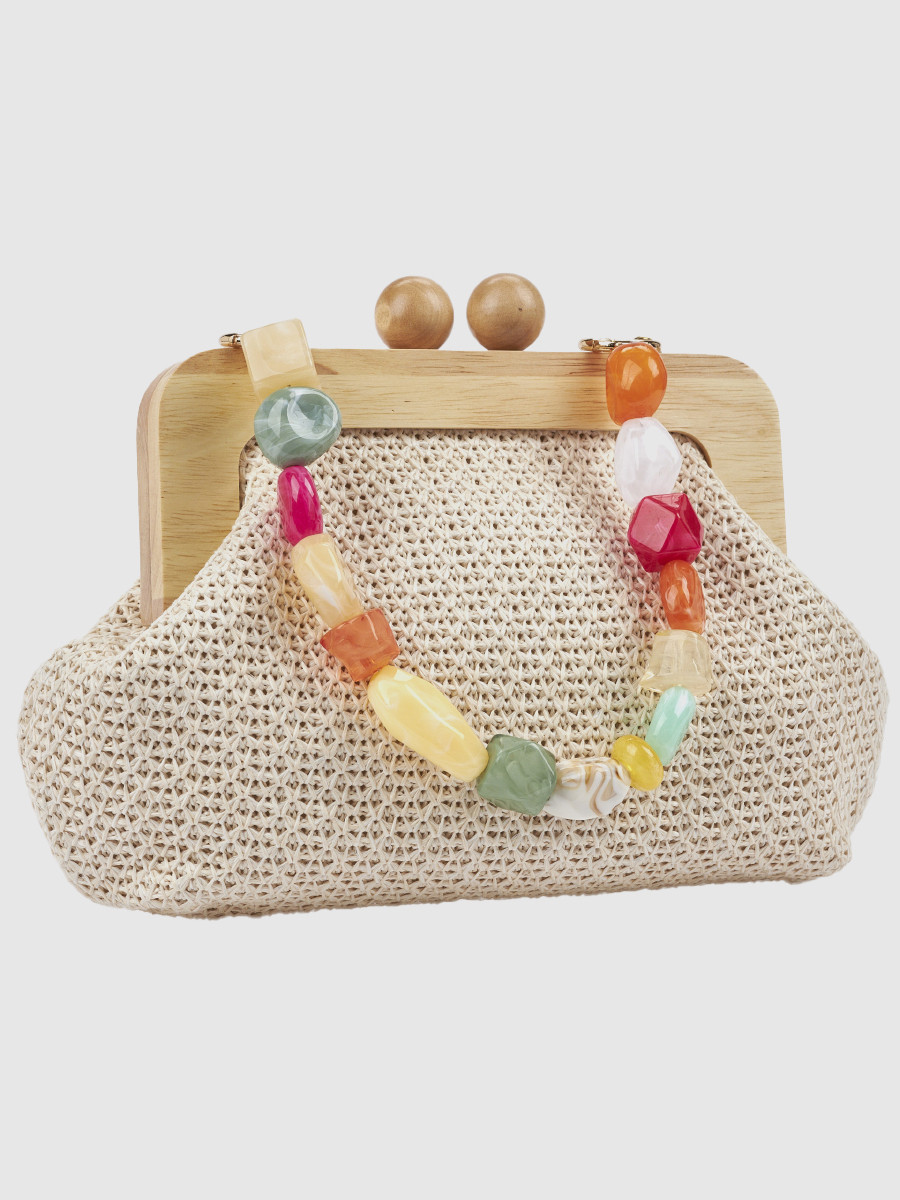 Γυναικείο τσαντάκι αμπιγιέ Verde εκρού με ψάθα και ξύλινη λαβή