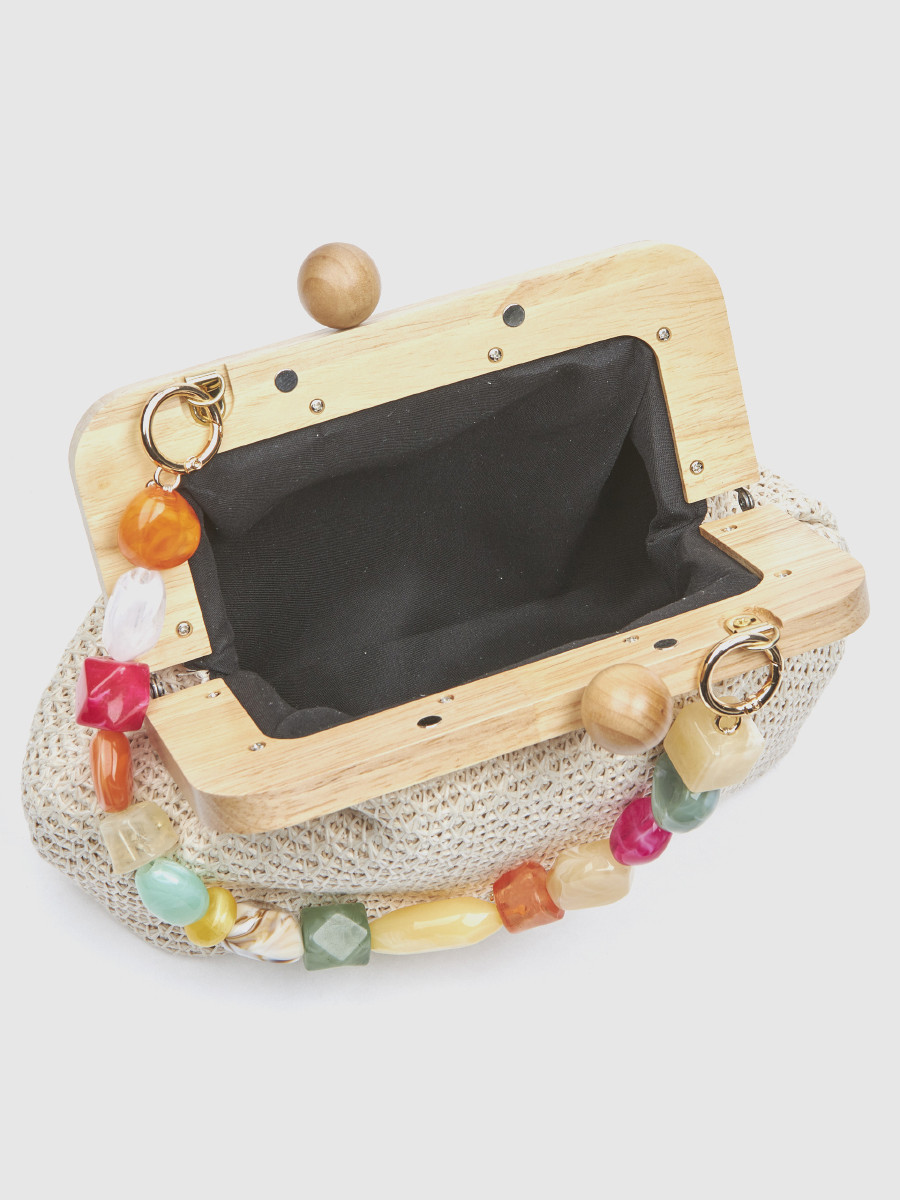 Γυναικείο τσαντάκι αμπιγιέ Verde εκρού με ψάθα και ξύλινη λαβή