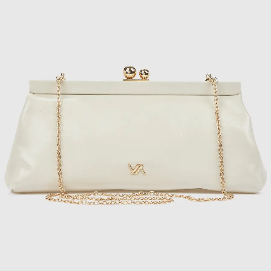 Γυναικείο τσαντάκι αμπιγιέ Verde 01-0002164 εκρού με χρυσό kiss-lock κούμπωμα, μπροστινή όψη