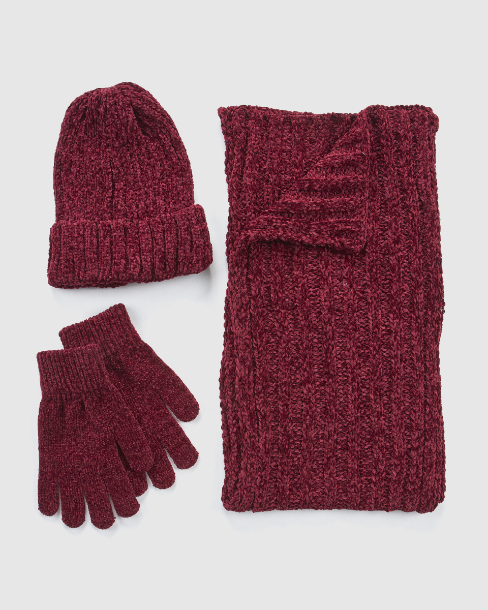 Γυναικείο σετ κασκόλ σκούφος γάντια Verde 06-0001290 μπορντό