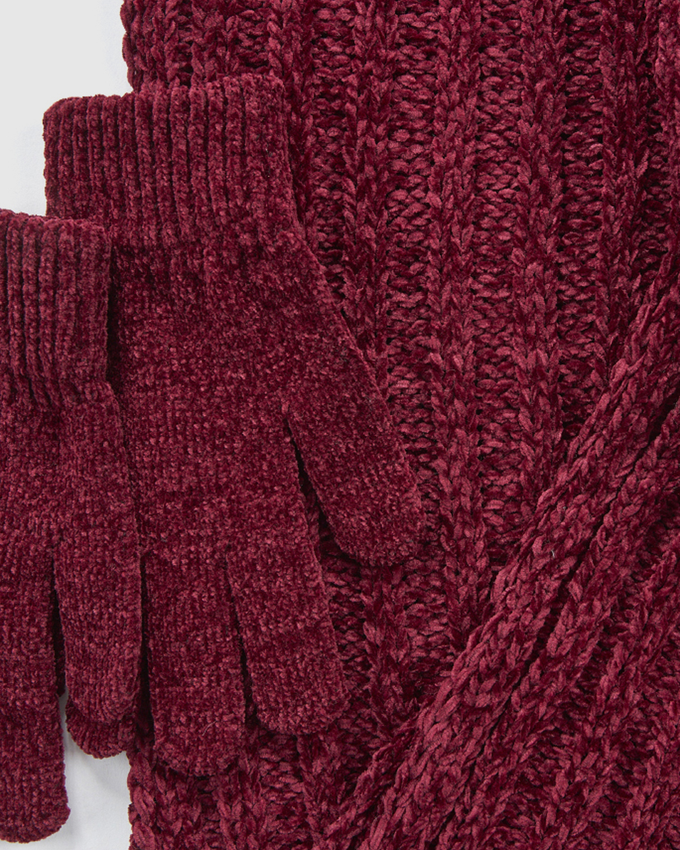 Γυναικείο σετ κασκόλ σκούφος γάντια Verde 06-0001290 μπορντό