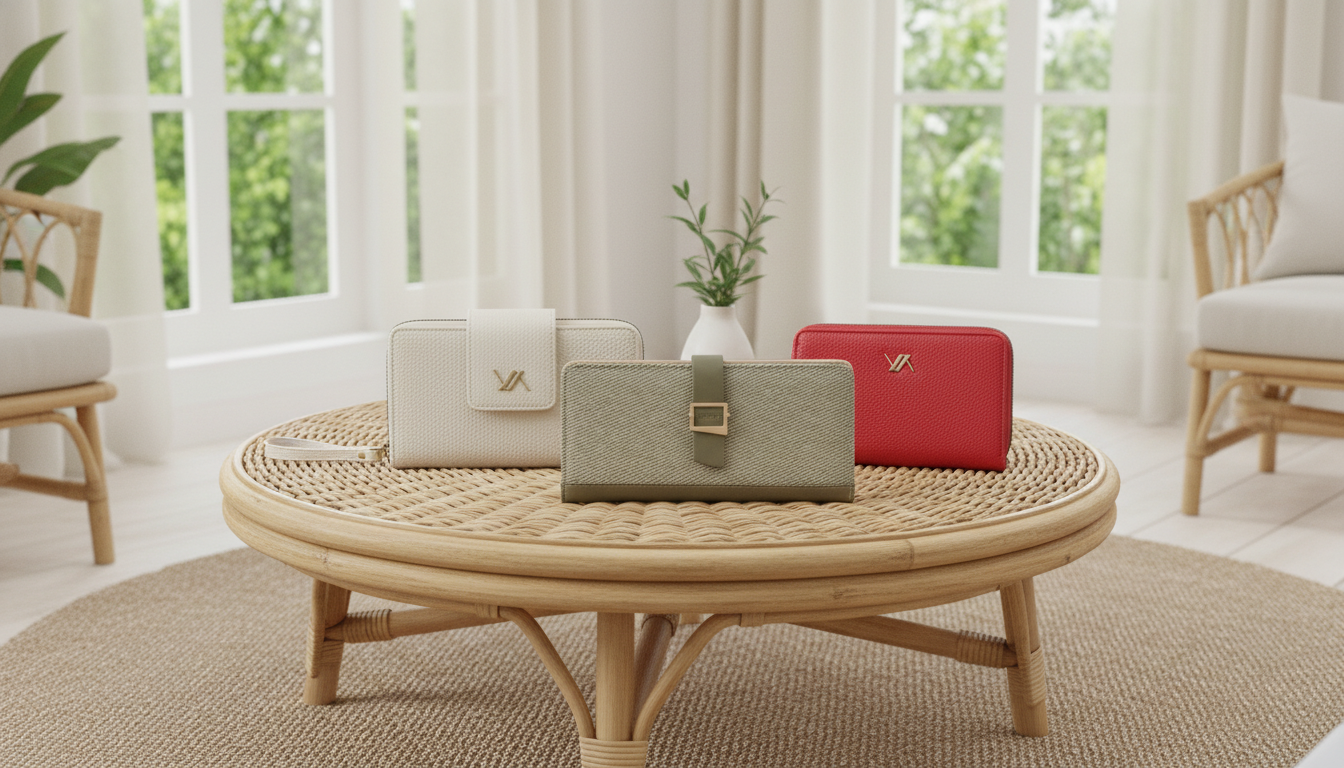 Τρία γυναικεία πορτοφόλια Verde σε λευκό, χακί και κόκκινο χρώμα με ανάγλυφη υφή και μεταλλικό λογότυπο.