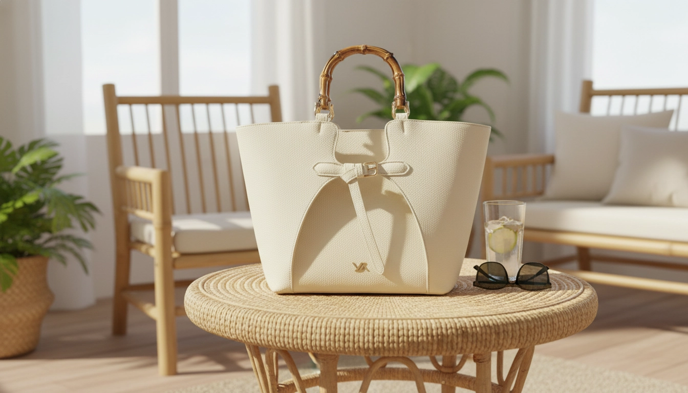 Λευκή εκρού τσάντα χειρός Verde με bamboo χερούλι, ανάγλυφη υφή και μπροστινό διακοσμητικό δέσιμο με λουράκι.